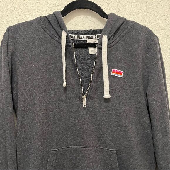 PINK Victoria's Secret Spell Out Logo Hoodie 1/4 Zip Pullover Gray Womens Sz M - Picture 6 of 11